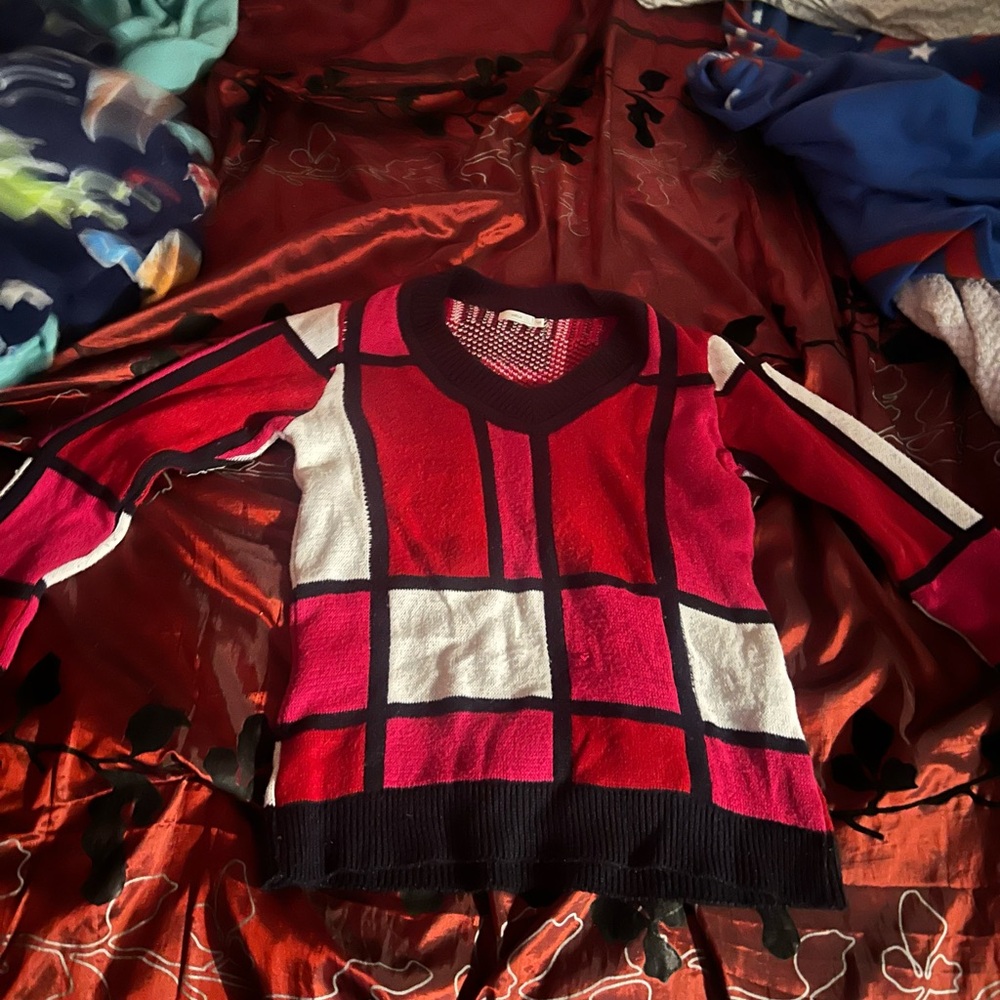 Red and White Grid Pattern Sweater